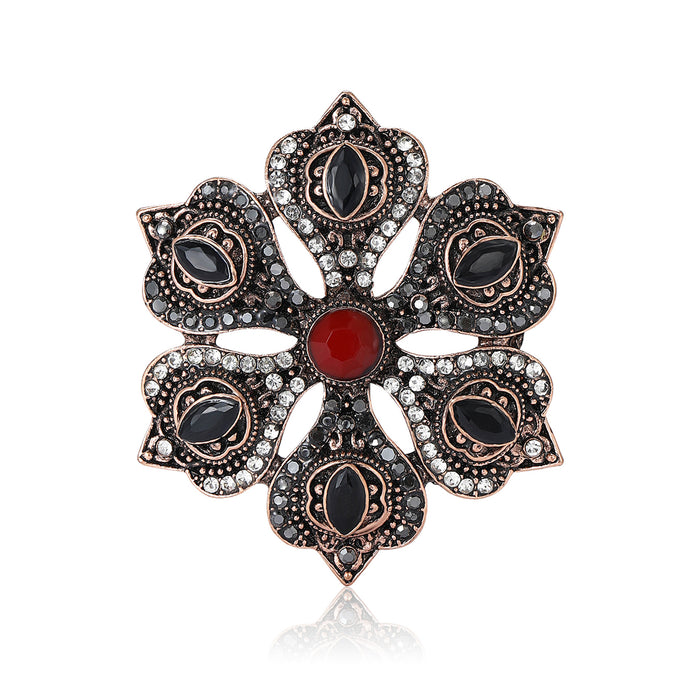 Antique Tone Floral Medallion Brooch with Red Center