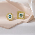 Gold Mismatched Round Square Green Center Stud Earrings view 3