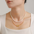 Pearl Strand Bow Bar Necklace And Gold Bow Stud Earrings view 4