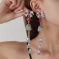 Blue and Red Bow Teardrop Silver Tone Jhumka Earrings view 7