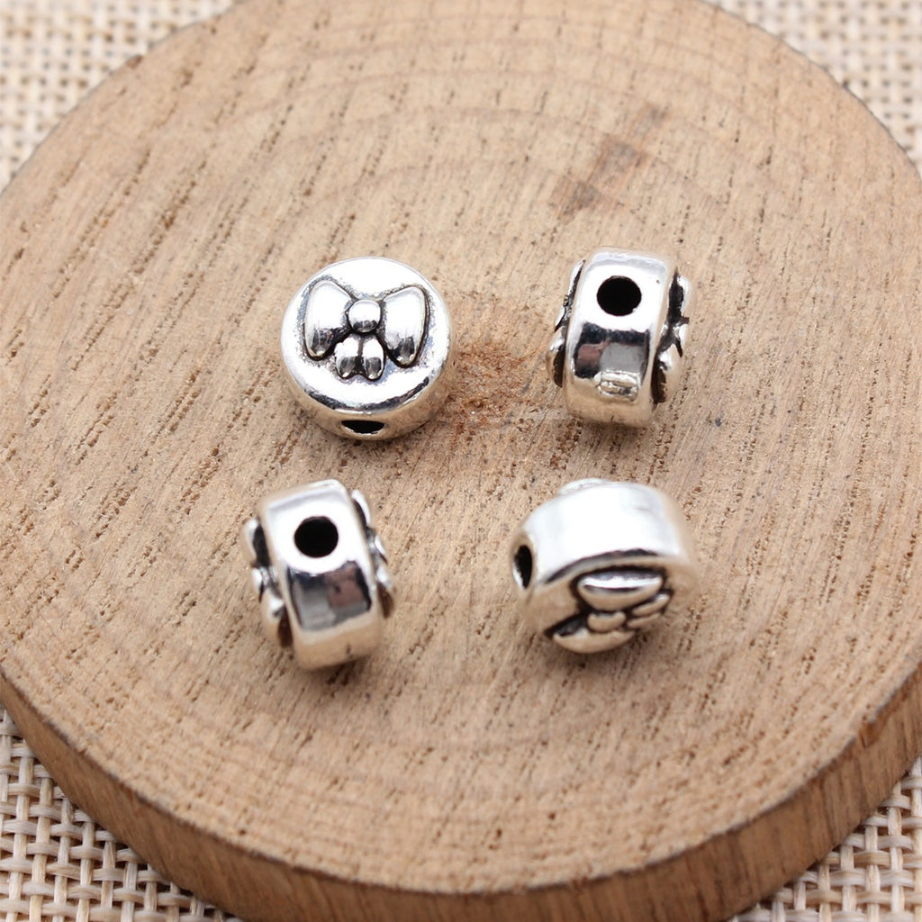 10x10x7.8mm 2.7g Antique Silver Zinc Alloy Bow Pattern Round Spacer Butterfly Double Sided Beads for DIY Bracelet Jewelr