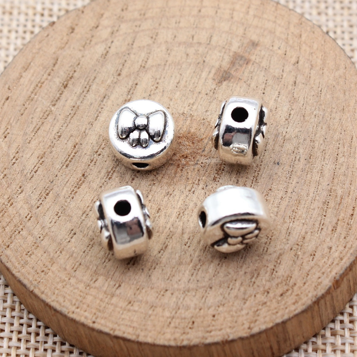 10x10x7.8mm 2.7g Antique Silver Zinc Alloy Bow Pattern Round Spacer Butterfly Double Sided Beads for DIY Bracelet Jewelr