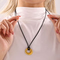 Adjustable Black Leather Cord Necklace Embossed Round Disc Pendant view 3