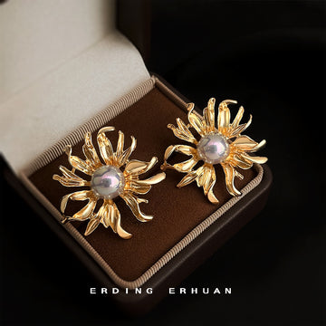 Gold Sunflower Iridescent Pearl Center Stud Earrings