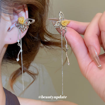 Silver Tone Butterfly and Orange Flower Tassel Clip Earrings