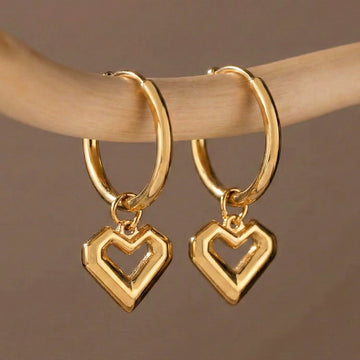 Gold Open Heart Drop Huggie Hoop Earrings Stainless Steel