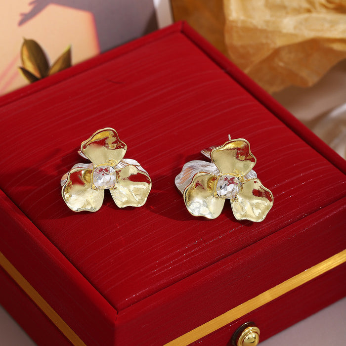 Two Tone Flower Crystal Look Statement Stud Earrings