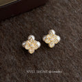 Gold Iris Flower Pearl Cluster Clear CZ Stud Earrings view 4