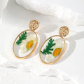 Gold Tone Pressed Flower Resin Geometric Drop Stud Earrings view 3