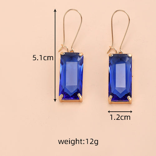Blue rectangle crystal dangle earrings with printed size and weight chart