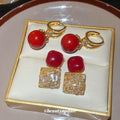 Red Stone and Crystal Square Drop Earrings in Two Styles view 3