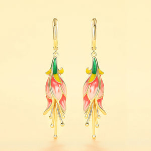 Gold Tone Colorful Enamel Flower Long Drop Earrings