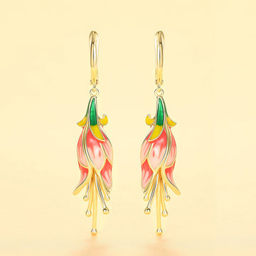 Gold Tone Colorful Enamel Flower Long Drop Earrings