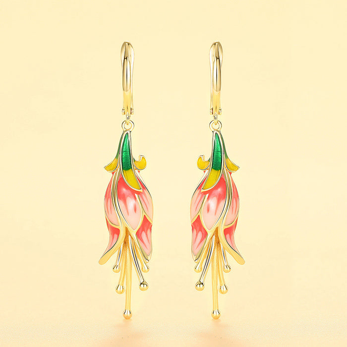 Gold Tone Colorful Enamel Flower Long Drop Earrings