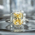 Yellow Emerald Cut Halo Crystal Ring Silver Tone Sizes 6-10 view 1