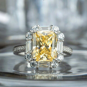 Yellow Emerald Cut Halo Crystal Ring Silver Tone Sizes 6-10
