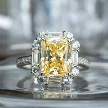 Yellow Emerald Cut Halo Crystal Ring Silver Tone Sizes 6-10