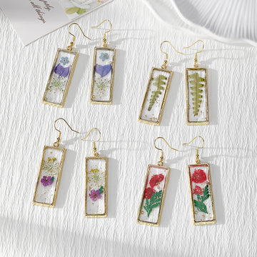 Gold Tone Slim Rectangular Pressed Flower Drop Earrings in Four Designs