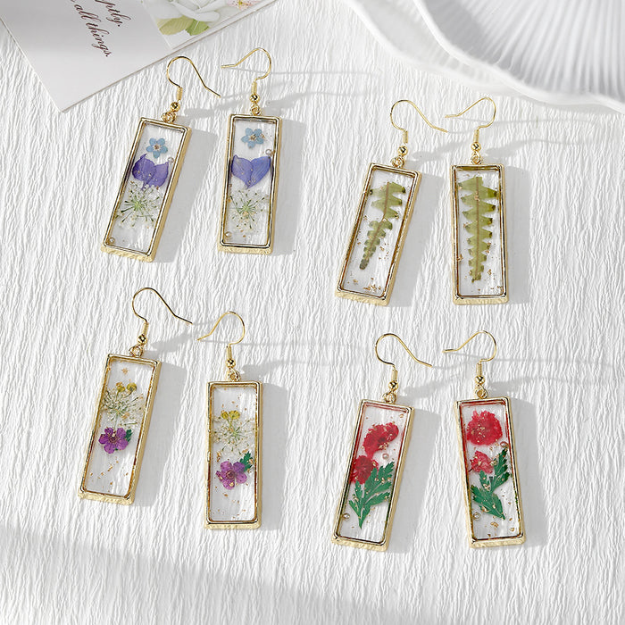 Gold Tone Slim Rectangular Pressed Flower Drop Earrings in Four Designs