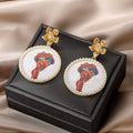 Gold Tone Pearl Trim Round Printed African Woman Post Drop Earrings in Two Colors view 3