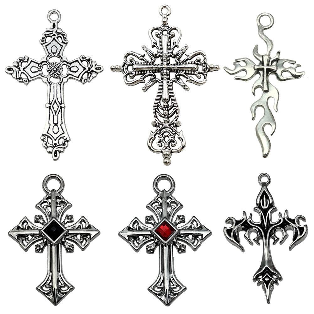Vintage Zinc Alloy Rhinestone Cross Charm Pendant for DIY Sweater Chain Necklace