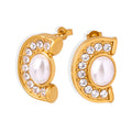 C-Shape Rhinestone Pearl Stud Earrings Gold Steel Tones view 5