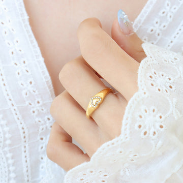 Open Heart Signet Ring With Pave Crystals Gold Steel