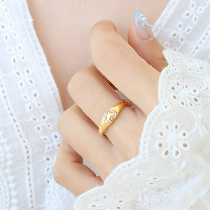 Open Heart Signet Ring With Pave Crystals Gold Steel