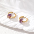Gold Tone Huggie Earrings with Natural Stone Donut Beads view 2