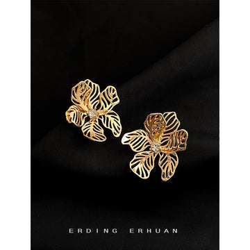 Gold Openwork Layered Flower Crystal Center Stud Earrings