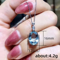 Silver Tone Sea Blue Oval Halo Pendant Necklace Clear Accents view 5