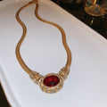 Gold Curb Chain Red Oval Rhinestone Pendant Necklace view 6