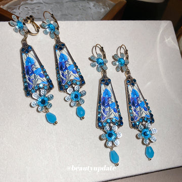 Blue Faceted Teardrop Floral Dangle Clip On Earrings