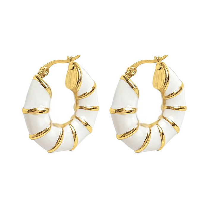 Gold Tone White Enamel Bamboo Hoop Earrings