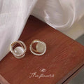 Gold CZ Pave Oval Frame White Cat Eye Stud Earrings view 2