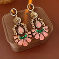 Antique Gold Pink Resin Flower Dangle Earrings and Necklace view 6