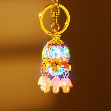 Illuminated Pumpkin Carriage Keychain With Pink Floral Bead Tassels