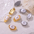 Oval Pearl Twist Frame Stud Earrings Gold Steel Metal Finish view 4