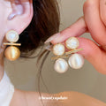Gold Tone Double Ball Stud Earrings With Pearl Tops view 2