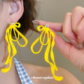 Colorful Cord Bow Stud Earrings with Long Looped Ribbon Tails view 3