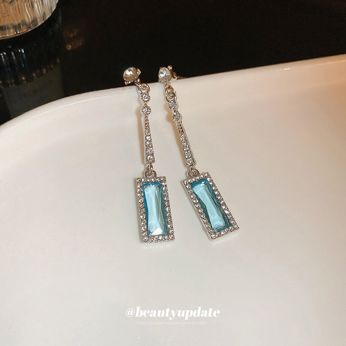 Blue Rectangle Crystal Chain Drop Earrings Fashion Jewelry