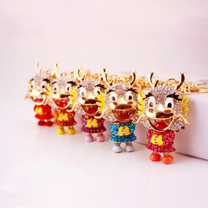 Rhinestone Cartoon Dragon Keychain with Split Ring and Lobster Clasp