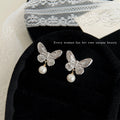 Silver-Tone Textured Butterfly Stud Earrings Pearl Dangles view 1