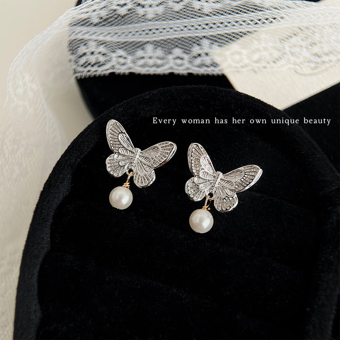 Silver-Tone Textured Butterfly Stud Earrings Pearl Dangles