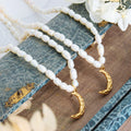 Gold Crescent Moon Pendant Freshwater Pearl Necklace view 3
