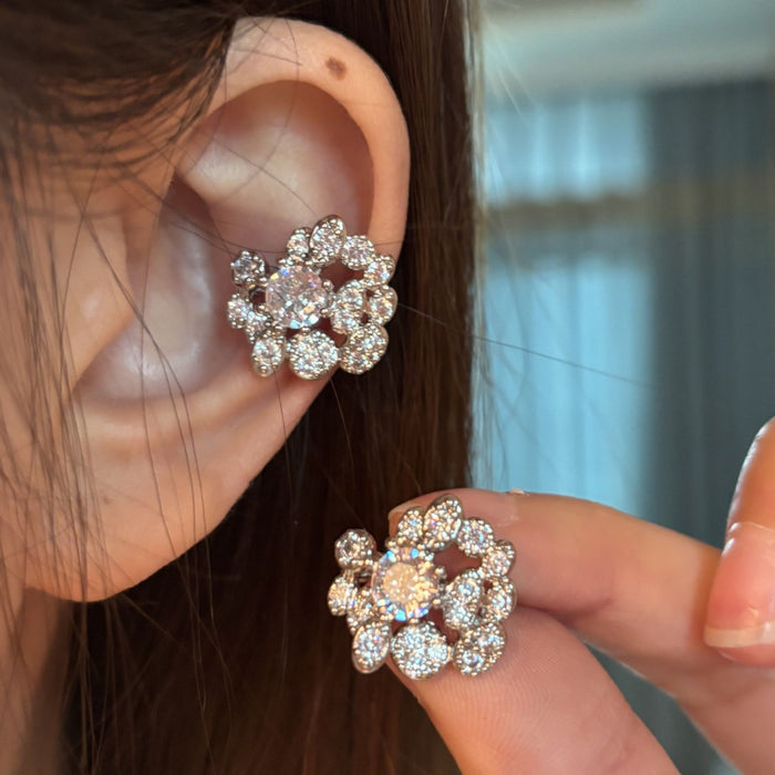 Crystal Flower Cluster Ear Clips in Silver and Gold Tones
