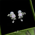 Silver Tone Purple Flower Green Leaf Earrings In Stud And Clip On Styles view 6