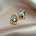 Green Enamel Crystal Pearl Stud Earrings Fashion Jewelry view 2