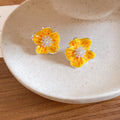 Yellow Enamel-Look Flower Stud Earrings with Crystal Centers view 6
