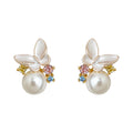 Gold Tone White Leaf Multicolor Stone And Large Pearl Stud Earrings view 5